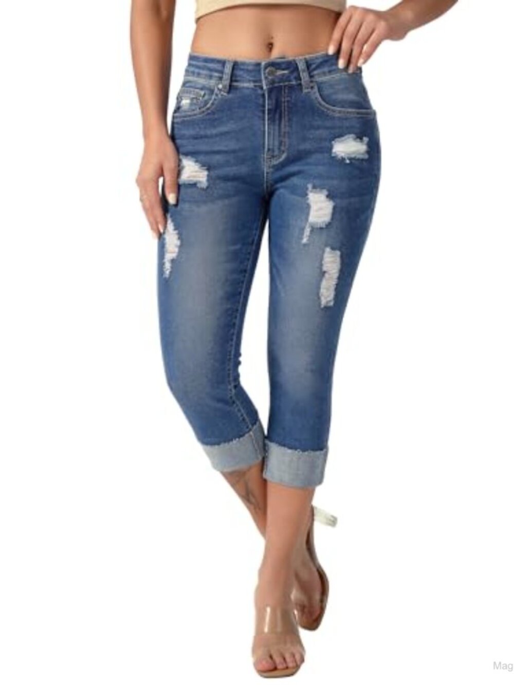 Stretch Capri Jeans Distressed Slim Denim Cuffed Women's Pants